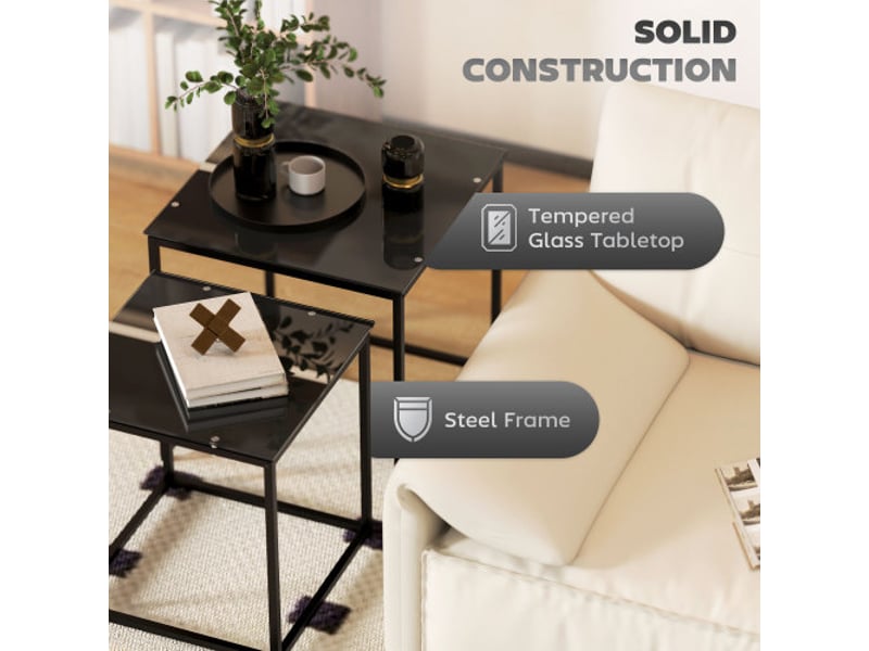 Lot de 2 tables d’appoint carrées en acier noir avec plateau en verre pour salon - Conforama C