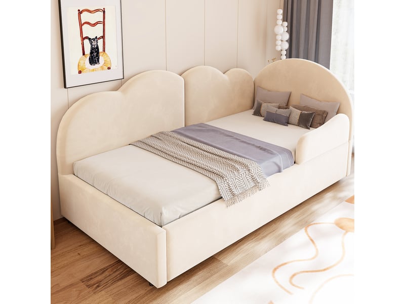 Lit superposé en l 90x200+90x190 cm, tête de lit nuage, velours beige, sans matelas - Conforama W