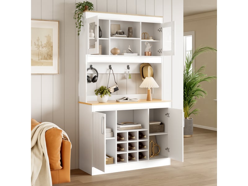  Buffet de cuisine avec vitrine 175 cm, vaisselier blanc et bois avec porte-bouteilles et crochets  - Conforama C