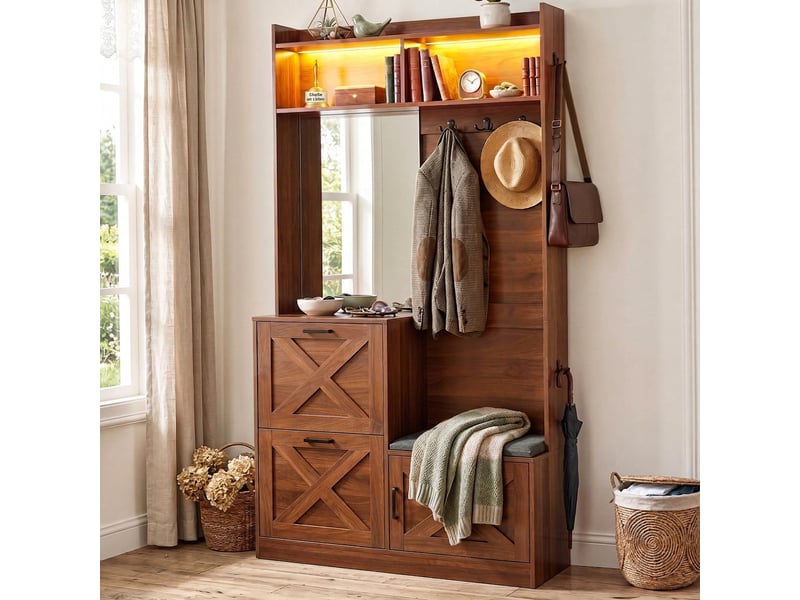  Vestiaire d'entrée avec miroir 100 cm meuble d'entrée avec banc à chaussures noyer  - Conforama C