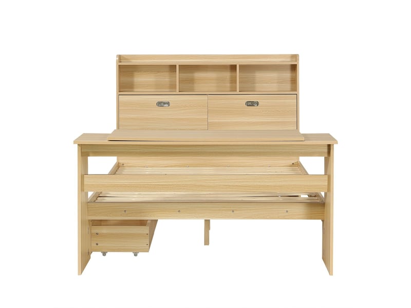  Lit ado 140 x 200 cm rangement intégré étagère en tête de lit tiroir coulissant table rabattable réglable structure tête de lit couleur bois naturel  - Conforama A