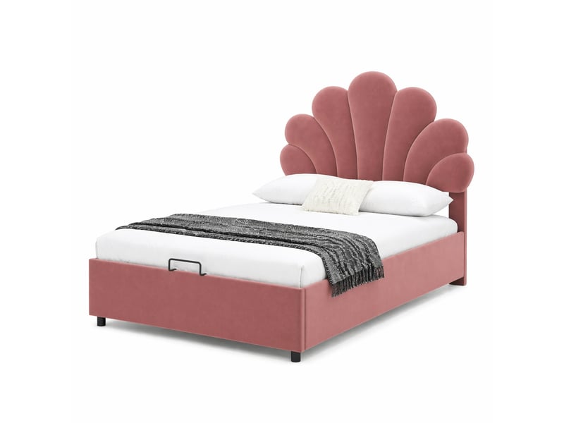 Lit enfant 90x200cm, lit coffre, lit simple, sommier et tête de lit inclus, velours rose, sans matelas - Conforama A