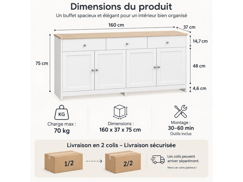  Kefsr buffet bahut 160 cm, enfilade 4 portes et 3 tiroirs, meuble de rangement style campagne rustique, blanc et plateau couleur bois  - Conforama C