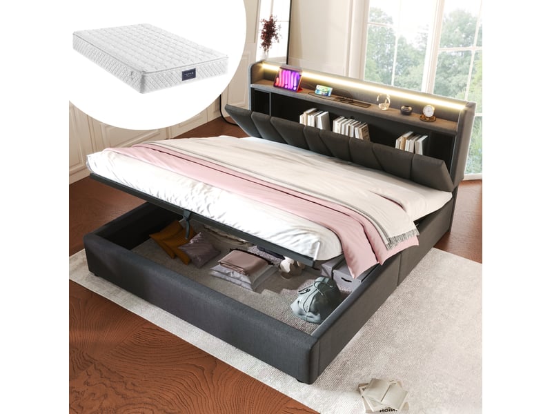 Lit double 140 x 200 cm gris avec tête de lit de rangement, led et prises usb - Conforama B