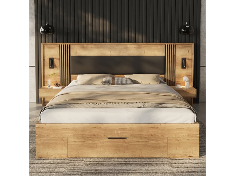  Lit avec rangement 160x200 cm avec 2 chevets, tête de lit avec lampes, en bois, naturel, sans matelas  - Conforama C