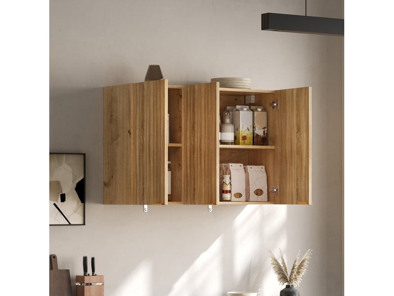  Meuble mural 90x29x60 cm à 3 portes, finition bois naturel  - Conforama B