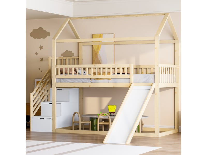  Lit mezzanine enfant 90 x 200 cm avec toboggan et échelle de rangement, cadre en bois massif, coloris bois naturel  - Conforama R