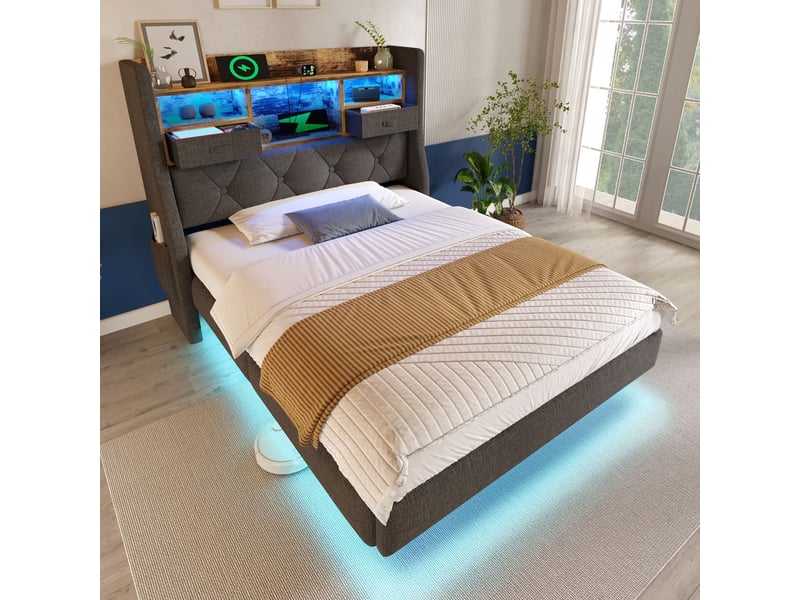  Lit une personne 90x200 cm, revêtement lin gris lit moderne, tête de lit rangement, éclairage led, station charge, matelas inclus  - Conforama B