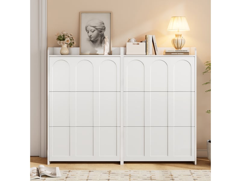  Meuble à chaussures blanc 140x25x120 cm, 6 portes abattantes, 12 étagères, mdf, hall d'entrée  - Conforama B