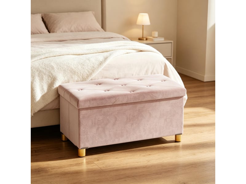  Banc de rangement pliable - 76 x 38 x 38 cm - rose - bout de lit capitonné de 67 l avec coffre et pieds en bois d'hévéa  - Conforama D
