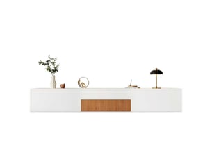 Meuble tv 180 cm blanc et bois avec support vidéoprojecteur intégré, installation murale ou sur pied