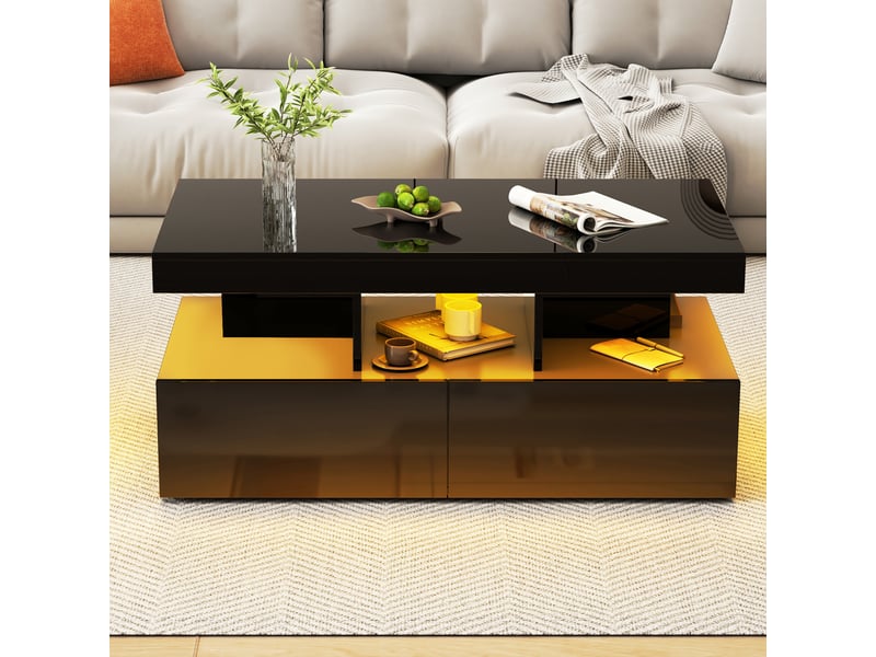  Table basse 104x53cm noir brillant et noir - design moderne avec éclairage led, 2 tiroirs et prise européenne standard  - Conforama D