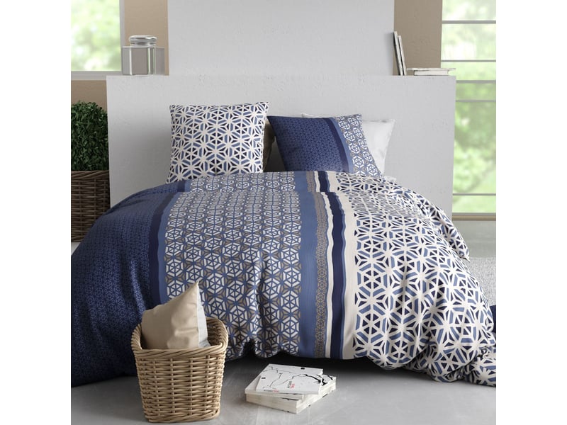  Parure housse de couette 260x240cm + 2 taies motif géométrique bleu 100% coton - orane ORANE - Conforama A