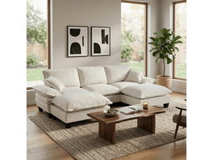 Canapé d'angle modulaire en forme de u, design bateau à voile, avec 2 poufs mobiles et 2 coussins moelleux, revêtement en chenille beige, pour salon et appartement