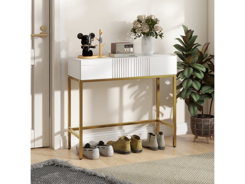  Console d'entrée moderne avec 2 tiroirs et pieds dorés, 80 x 31,5 x 75 cm, blanche  - Conforama D