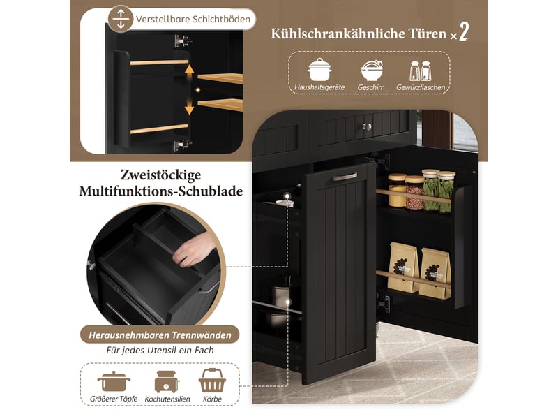  Îlot de cuisine à roulettes 140x40x92 cm avec coin repas extensible, buffet de cuisine avec tiroirs multifonctions, noir  - Conforama W