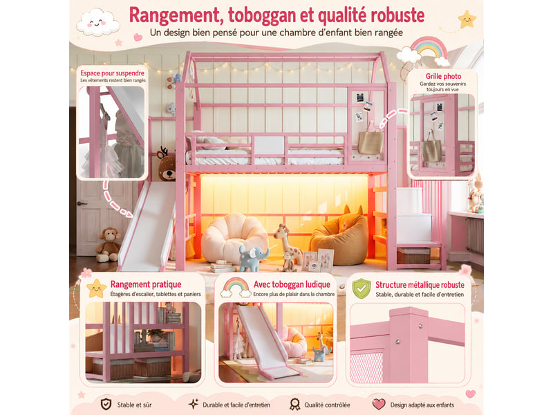  Lit mezzanine 140x200cm avec toboggan et échelle,cabane,design clôture,certifié en747-1,rose  - Conforama D