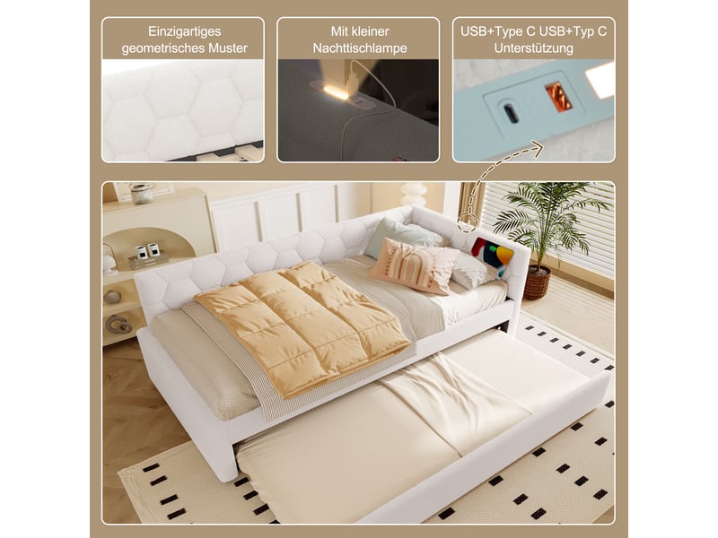  Lit de jour 90*200cm avec lit gigogne, canapé-lit, sans matelas, lampe de chevet, usb type-c, bouclette, blanc  - Conforama C