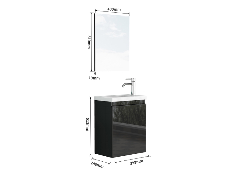  Meuble vasque suspendu 40 cm avec lavabo céramique et miroir noir brillant gain de place  - Conforama C