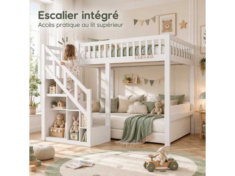 Lit mezzanine enfant 140x200 cm avec escalier de rangement, lit surélevé avec sommier et barrière, lit avec rangement, cadre de lit double, bois massif, blanc  - Conforama D