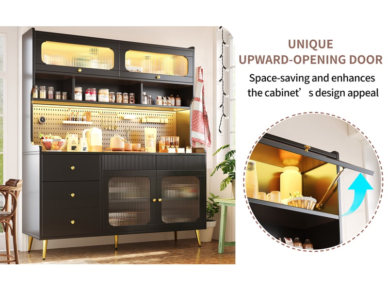  Buffet haut noir  145 x 39 x 171 cm avec éclairage led et commande par application, verre strié  - Conforama D