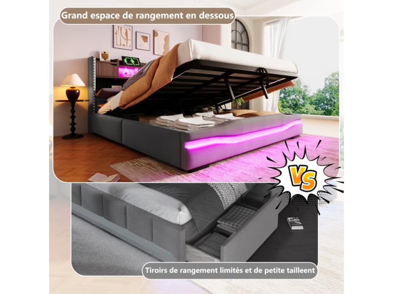  Lit rembourré 180x200 cm avec éclairage led et rangement lit coffre hydraulique avec port de chargement usb-c lin gris  - Conforama D