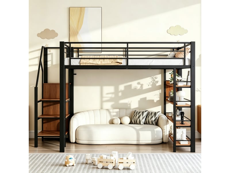  Lit mezzanine 140 × 200 cm 2 places avec escalier à tiroirs, armoire et étagères, sans matelas, métal noir  - Conforama C