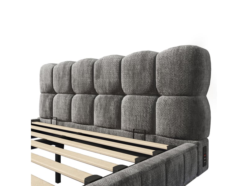 Lit coffre bubble en chenille gris 140x200 cm avec led, usb et type-c Fay Lum - Conforama W