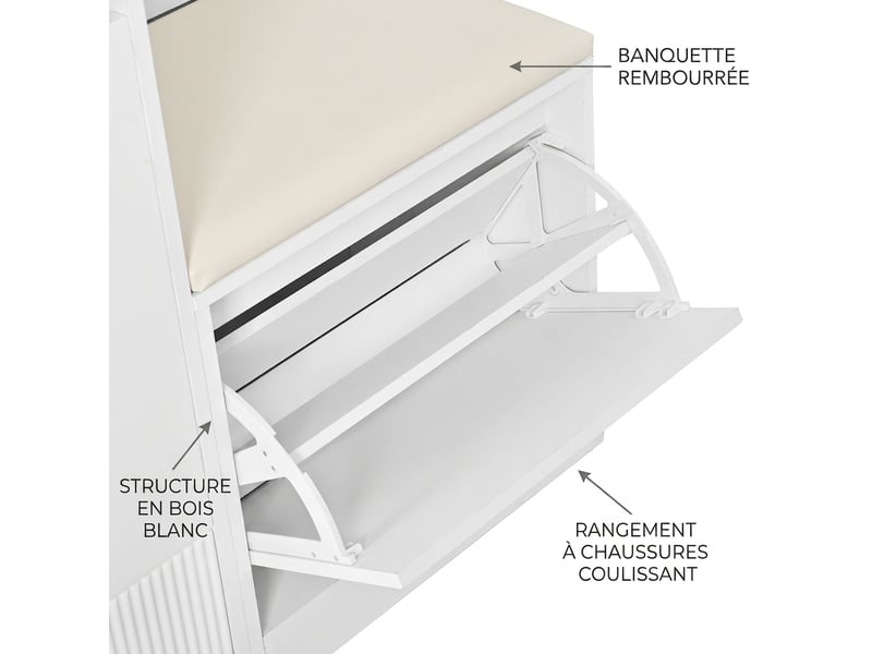  Vestiaire d'entrée blanc avec miroir et banc à chaussures, meuble de couloir led connecté, rangement, 105x38x190 cm  - Conforama E
