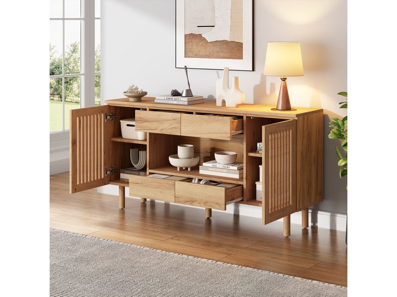  Buffet de rangement 4 tiroirs et 2 portes à lames - lpospi - 5 pieds en bois massif mdf naturel 140 × 35 × 71 cm  - Conforama C