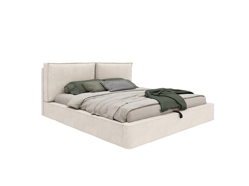  Lit double 160x200 cm en chenille beige avec coffre hydraulique, tête de lit rembourrée de 105 cm et sommier à lattes inclus.  - Conforama A