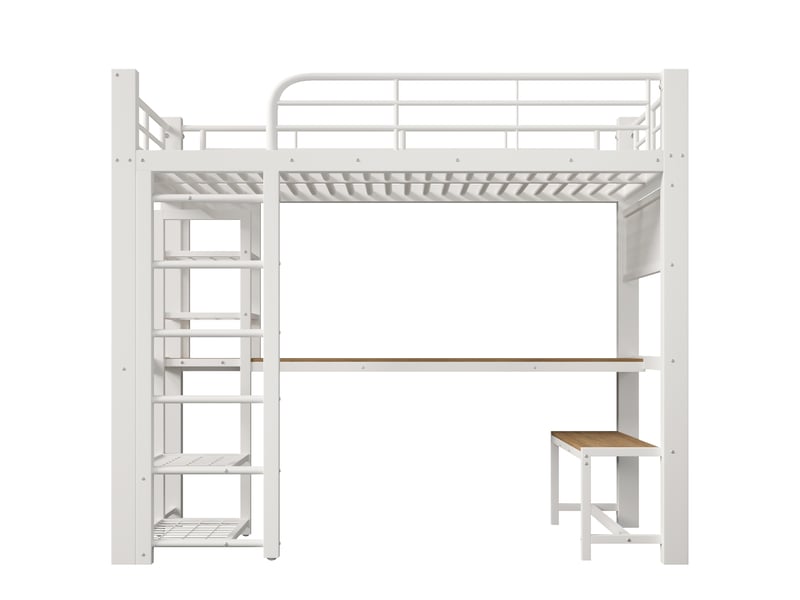 Lit mezzanine 90x200 cm métal blanc avec led, escalier rangement et grille suspendue - Conforama A