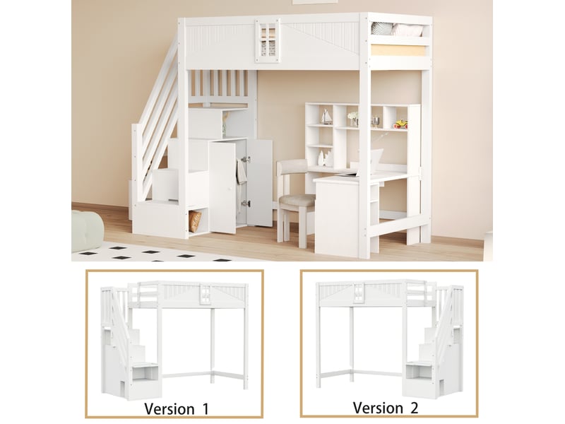 Lit mezzanine 90x200 cm, rangement, échelles latérales interchangeables, bois, blanc, moderne, sécurisé, sans matelas - Conforama D