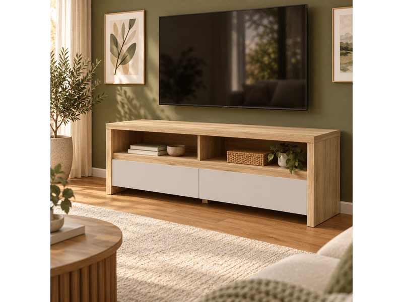  Meuble tv avec 2 tiroirs et 2 niches ouvertes coloris chêne mauvellacachemire - longueur 143,5 x profondeur 40,5 x hauteur 48,4 cm  - Conforama E