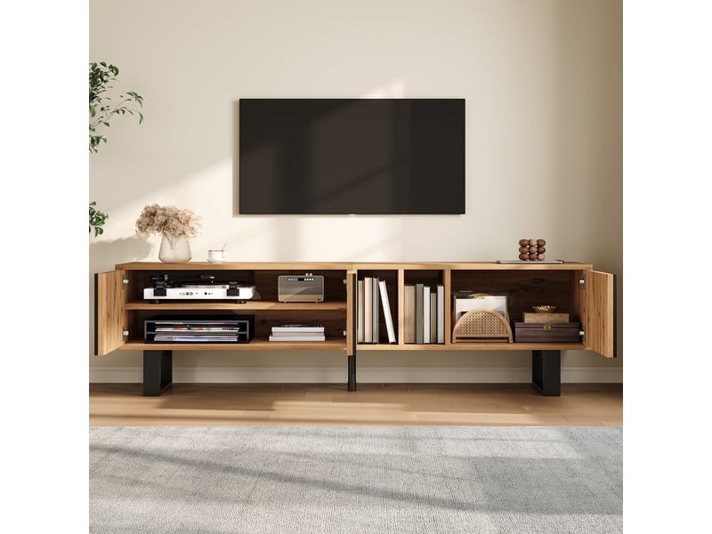  Meuble tv 160 cm, banc tv industriel métal et bois, meuble tv bois naturel avec 3 portes et pieds en fer noir pour salon  - Conforama C