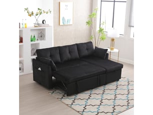 Canapé d'angle panoramique convertible <strong></strong> <strong></strong> 3 places Tissu noir avec coffre de rangement