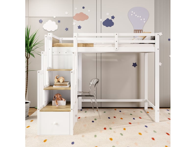  Lit mezzanine enfant 90x200 cm avec bureau et rangements, blanc et bois naturel, sans matelas  - Conforama W