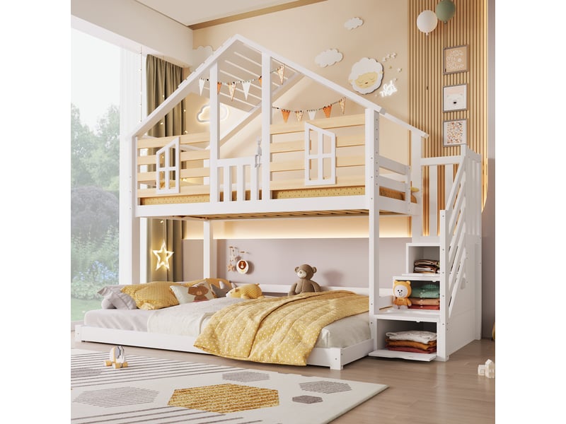  Lit superposé cabane 90x200+140x200 cm avec maison, fenêtres décoratives, escalier avec rangement, 2 couchages, bois blanc et naturel (sans matelas)  - Conforama D
