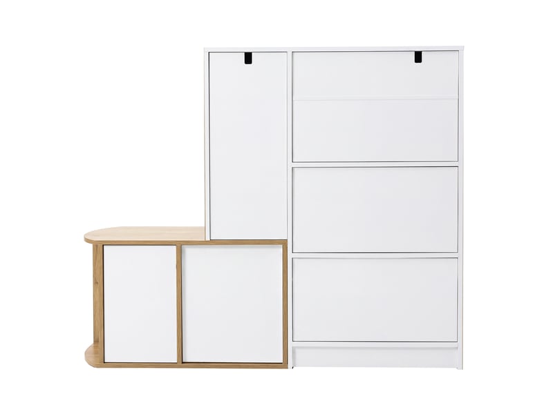  Meuble à chaussures 130x35x110,5 cm avec banc, 1 tiroir, 5 portes, mdf blanc et aspect bois  - Conforama E