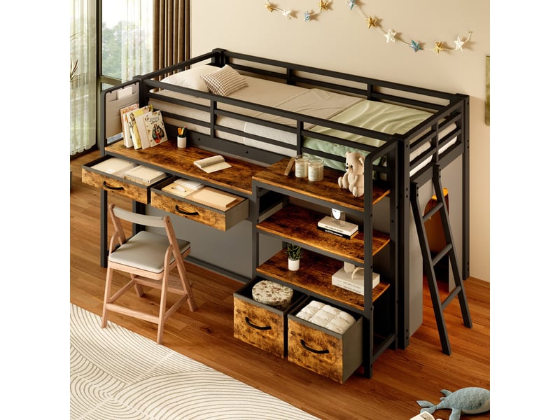  Lit mezzanine métal 90x200 cm - avec bureau et 4 tiroirs - étagères et éclairage led - barrières de sécurité - noir(sans matelas)  - Conforama D