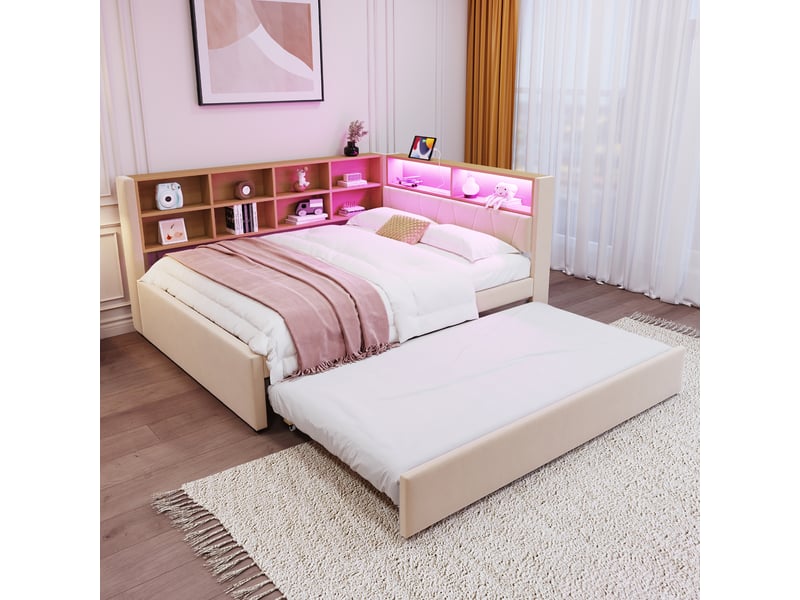  Lit gigogne 140x200+90x190cm, lit de repos avec led, espace de rangement, tête de lit et sommiers, charge, tissu beige, sans matelas  - Conforama C