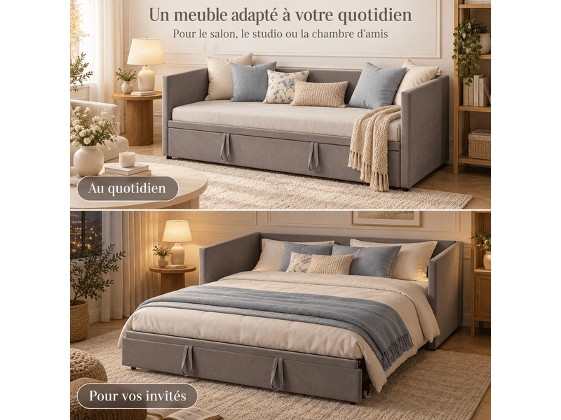 Lit gigogne 2 places 90180 x 200 cm ,lit capitonné avec sommier à lattes, extensible, cadre de lit convertible, lit banquette, tissu en velours, gris, matelas non inclus - Conforama W