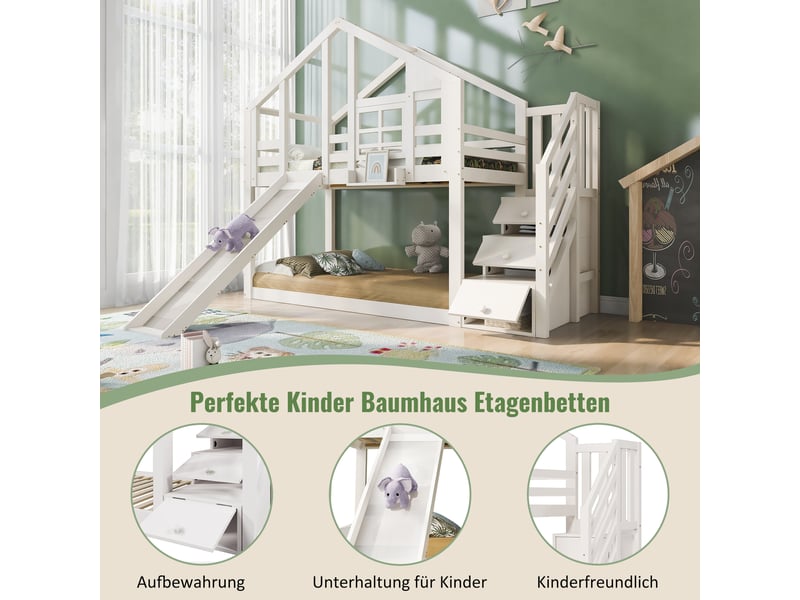 Lit cabane superposé 90x200 cm blanc avec toboggan, escalier de rangement et barrière de sécurité anti-chute - Conforama D