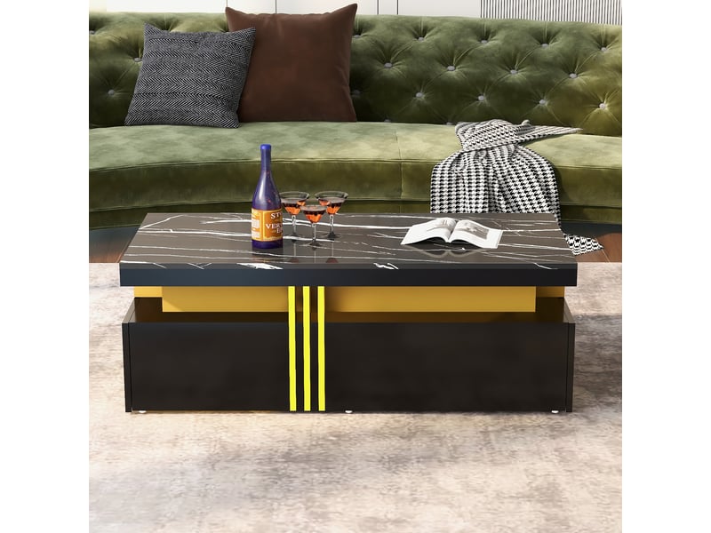  Table basse noire brillante rectangulaire avec 2 tiroirs effet marbre 100x50x40 cm  - Conforama R