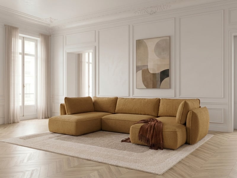 Bobochic canapé d'angle panoramique convertible esmee tissu chenille jaune angle droit ESMEE - Conforama B