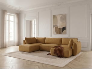 Canapé d'angle droit convertible <strong>BOBOCHIC</strong> <strong>ESMEE</strong> 5 places Tissu jaune avec coffre de rangement