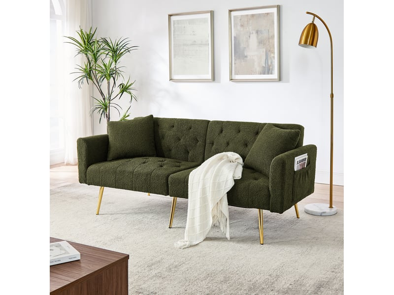  Canapé 2 places convertible 177x74x78 cm, 2 coussins, dossier inclinable 3 positions, teddy, pieds métal, vert  - Conforama B