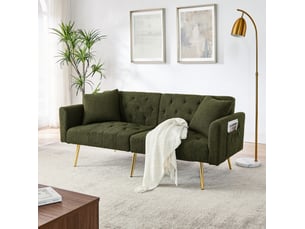 Canapé 2 places convertible 177x74x78 cm, 2 coussins, dossier inclinable 3 positions, teddy, pieds métal, vert