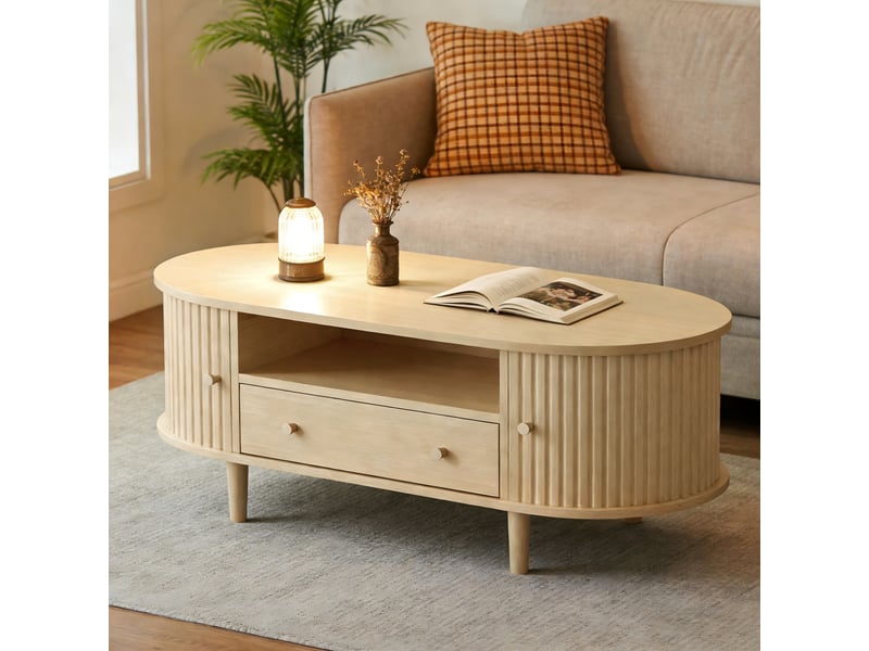  Table basse ovale 100x50x36 cm bois clair, 1 tiroir, niche ouverte et porte tambour Fay Lum - Conforama B