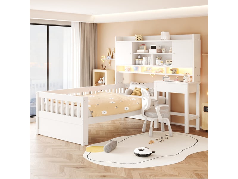  Lit multifonction en bois pour enfant 90 x 200 cm – avec étagères - bureau+1 tiroir - éclairage led +prise électrique – blanc (matelas non inclus)  - Conforama E